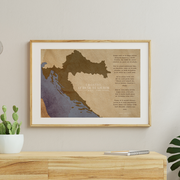 Uokvireni poster "Croatio, iz duše te ljubim" (stara karta)
